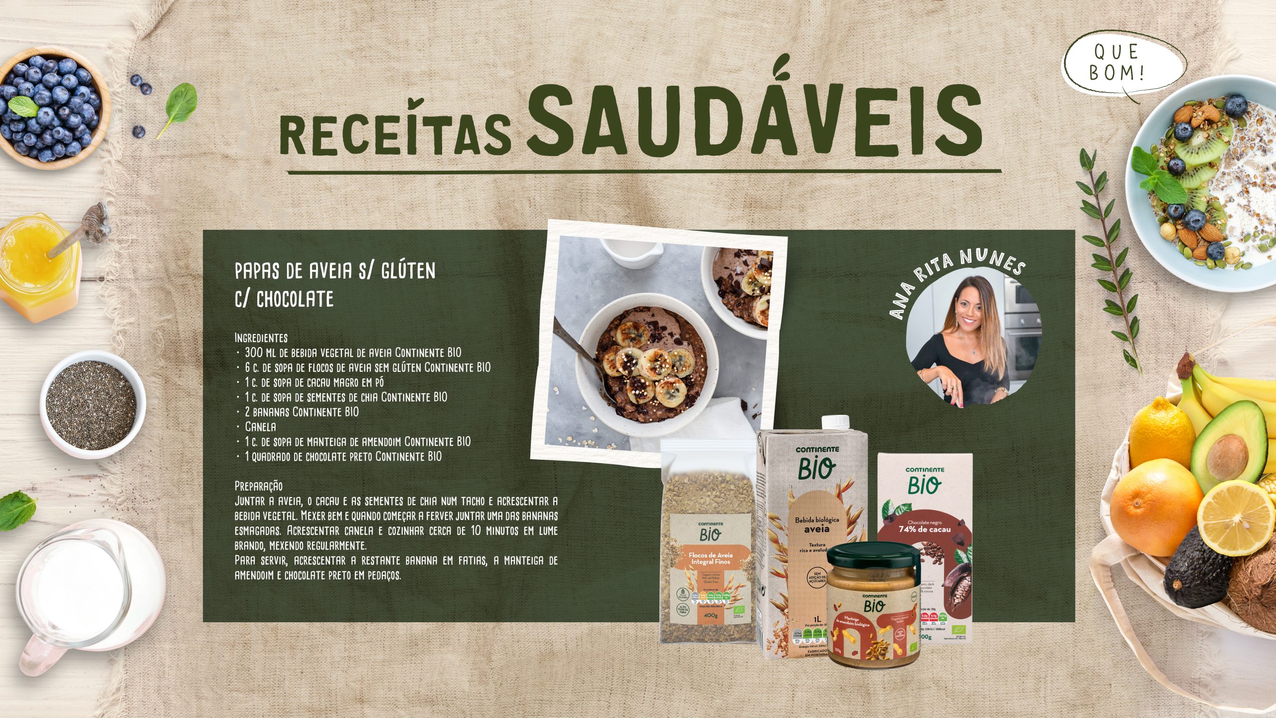 Página de receitas “Receitas Saudáveis” com destaque para papas de aveia e produtos Continente Bio, acompanhada por fotografia de ingredientes naturais.