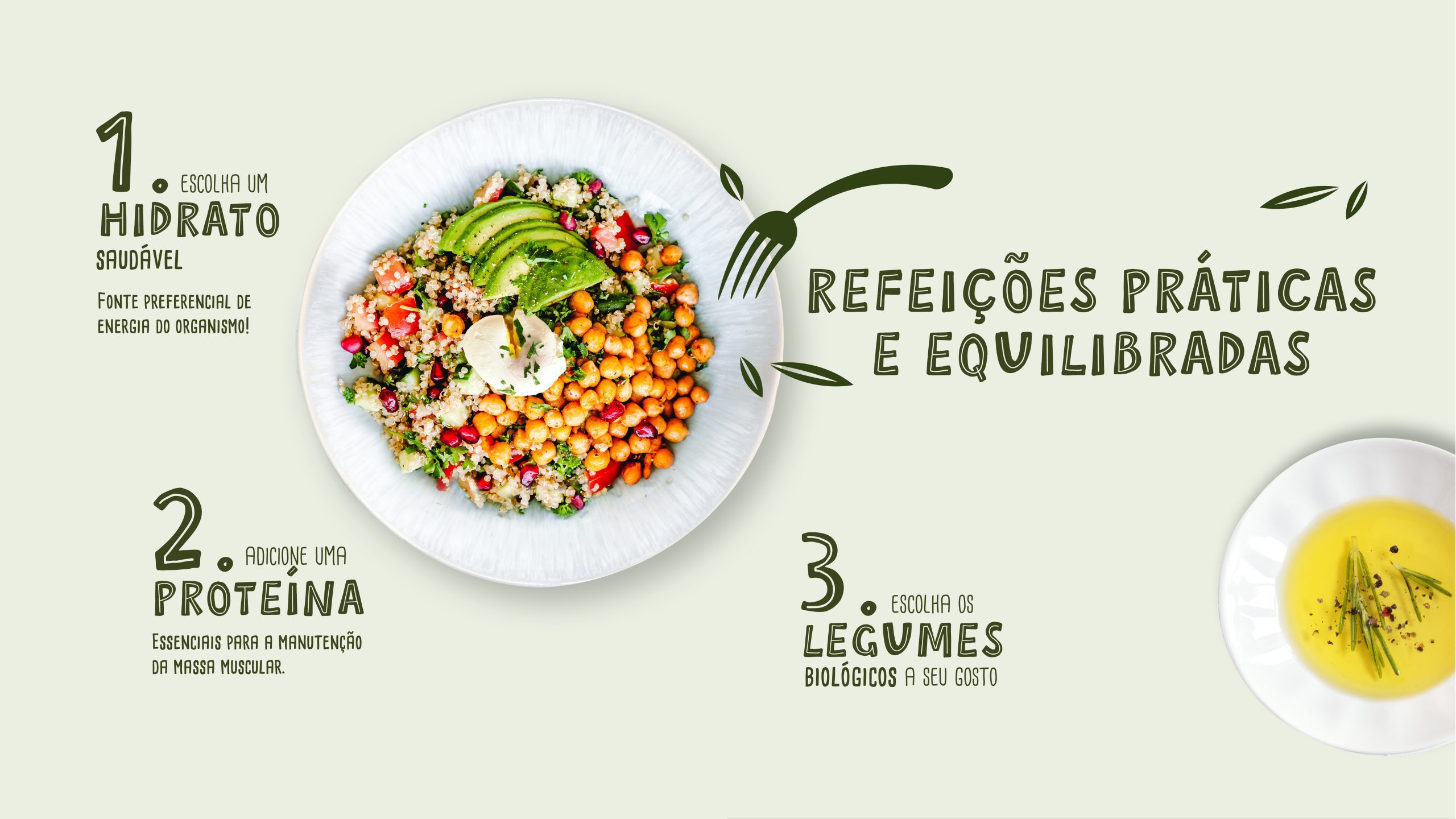 Layout gráfico com pratos e tipografia manual sob o título “Refeições Práticas e Equilibradas”, destacando uma composição visual leve e organizada.