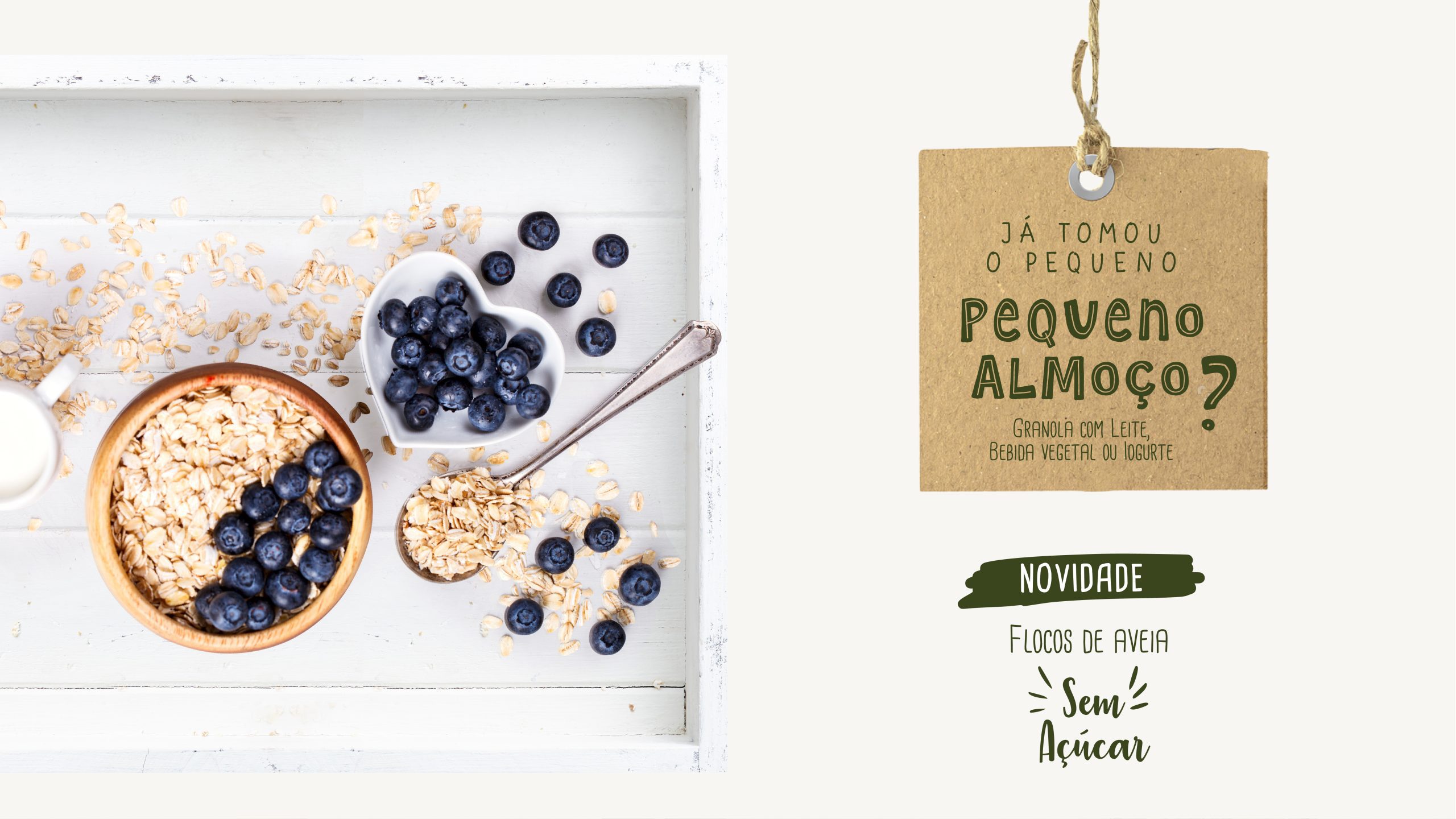 Fotografia de pequeno-almoço saudável com granola e mirtilos sobre fundo branco, acompanhada por etiquetas “Sem Açúcar” e “Já tomou o pequeno-almoço?”.