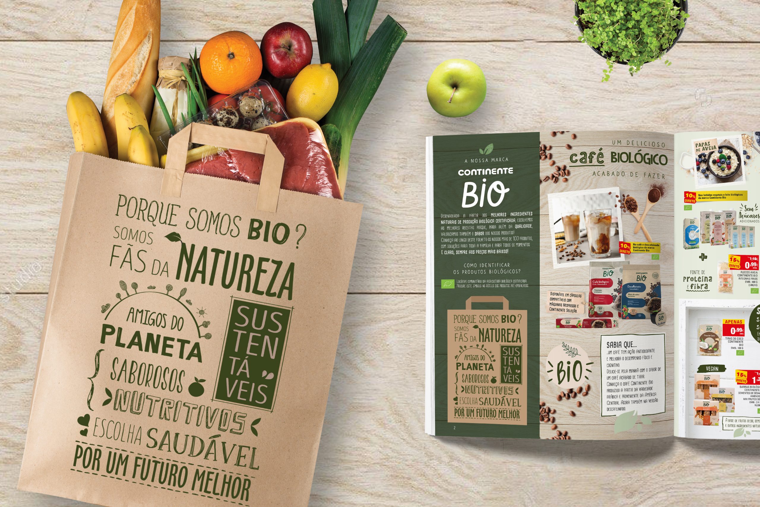 Composição com saco de papel e tipografia verde “Porquê somos BIO?”, rodeada de frutas e legumes frescos, junto a revista aberta com o design da campanha.