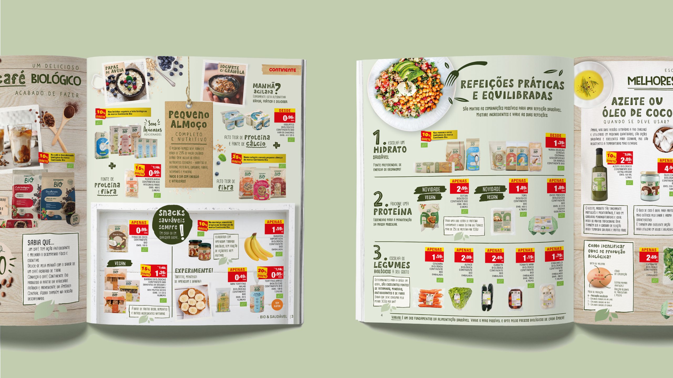 Double-page spreads of organic product brochures with a clean layout, colourful sections and highlights for balanced meals and new products.