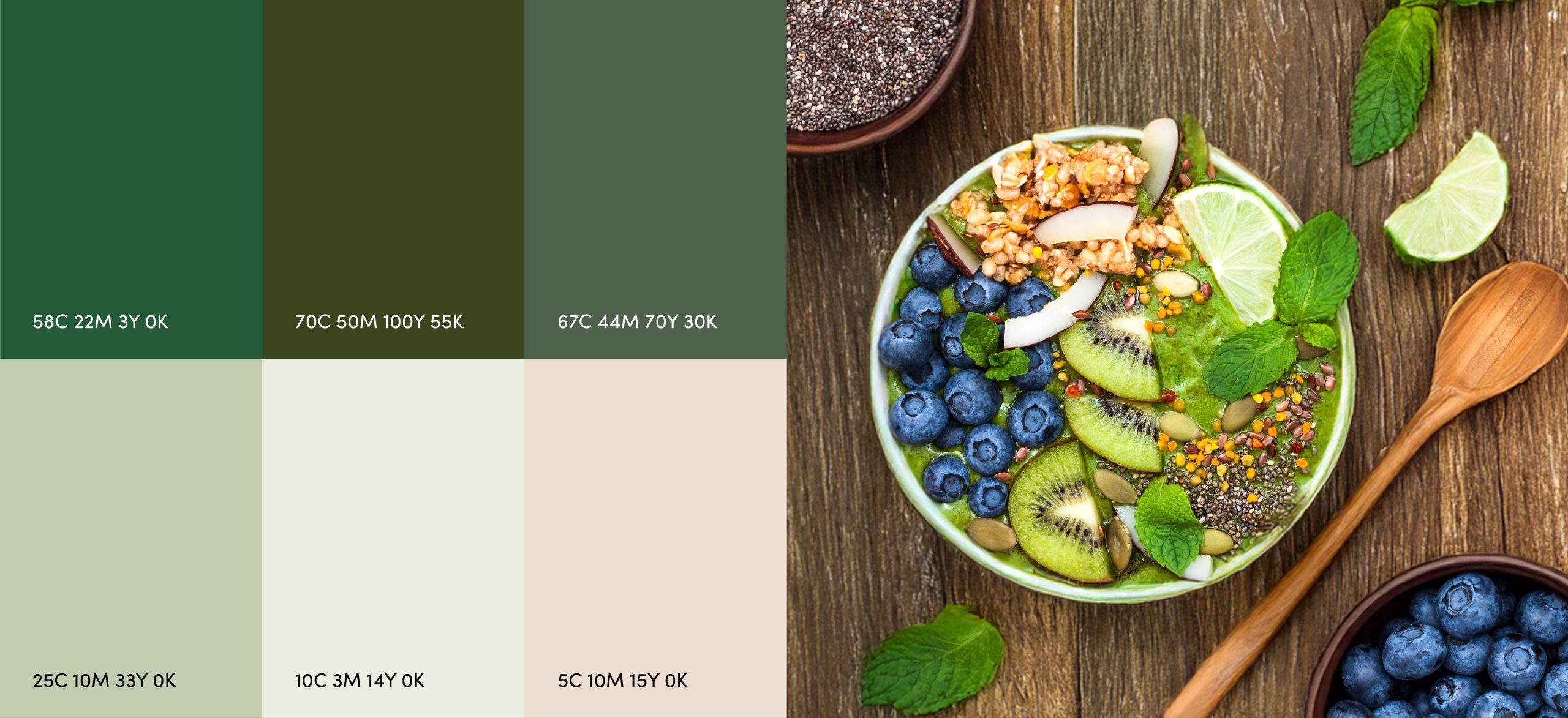 Colour palette in shades of green, ochre and neutral tones combined with an image of a smoothie bowl, reinforcing the idea of freshness and healthy eating.