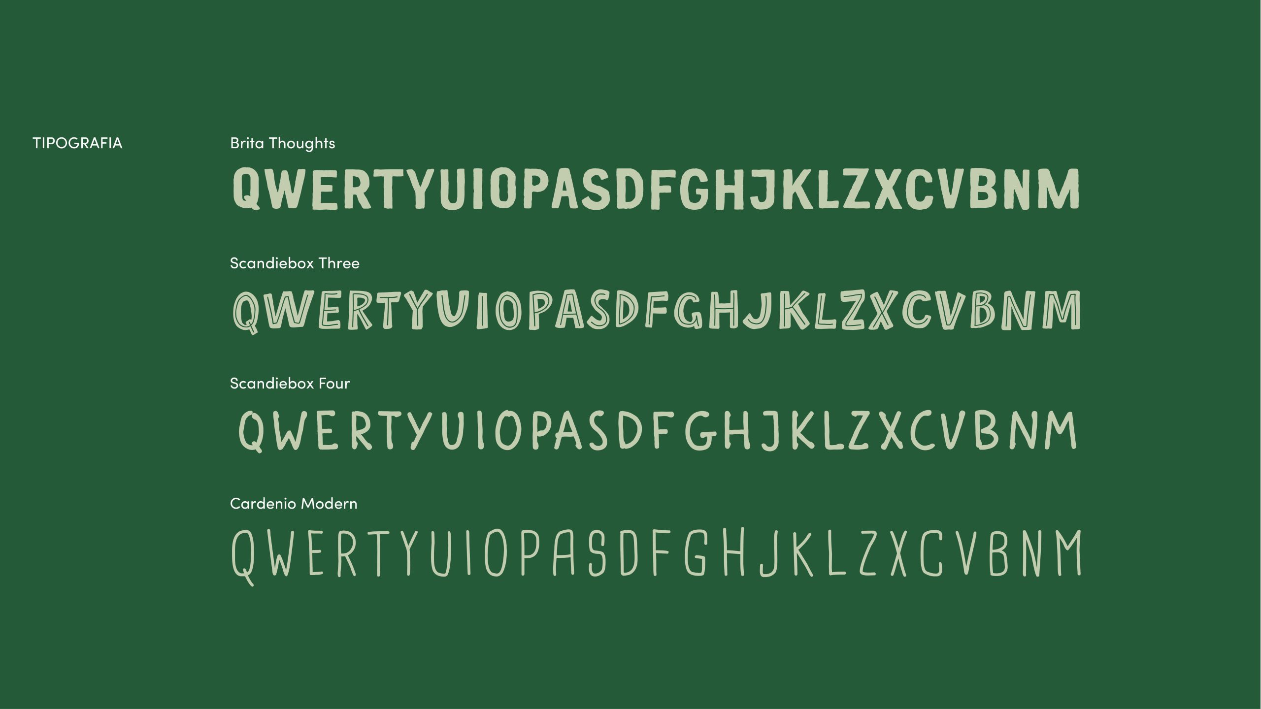 Typography board for the campaign on a dark green background, showing the heading “TIPOGRAFIA” and samples of Brita Thoughts, Scandiebox Three, Scandiebox Four, and Cardenio Modern set in uppercase.