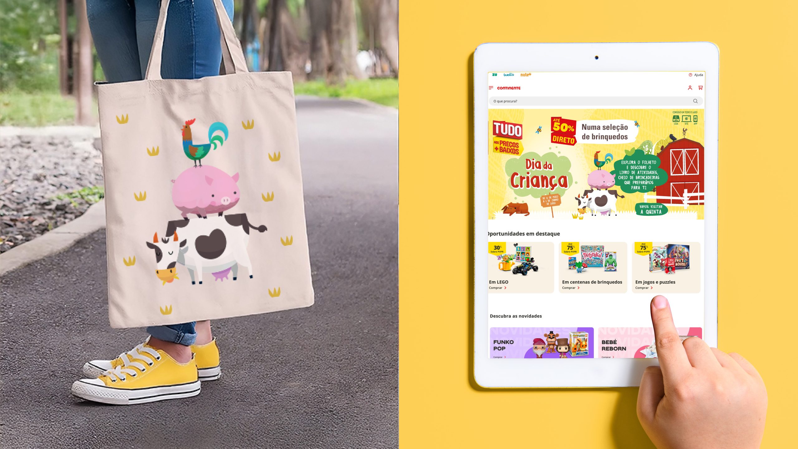 Aplicações do design em tote bag e interface digital, demonstrando a versatilidade da identidade visual.