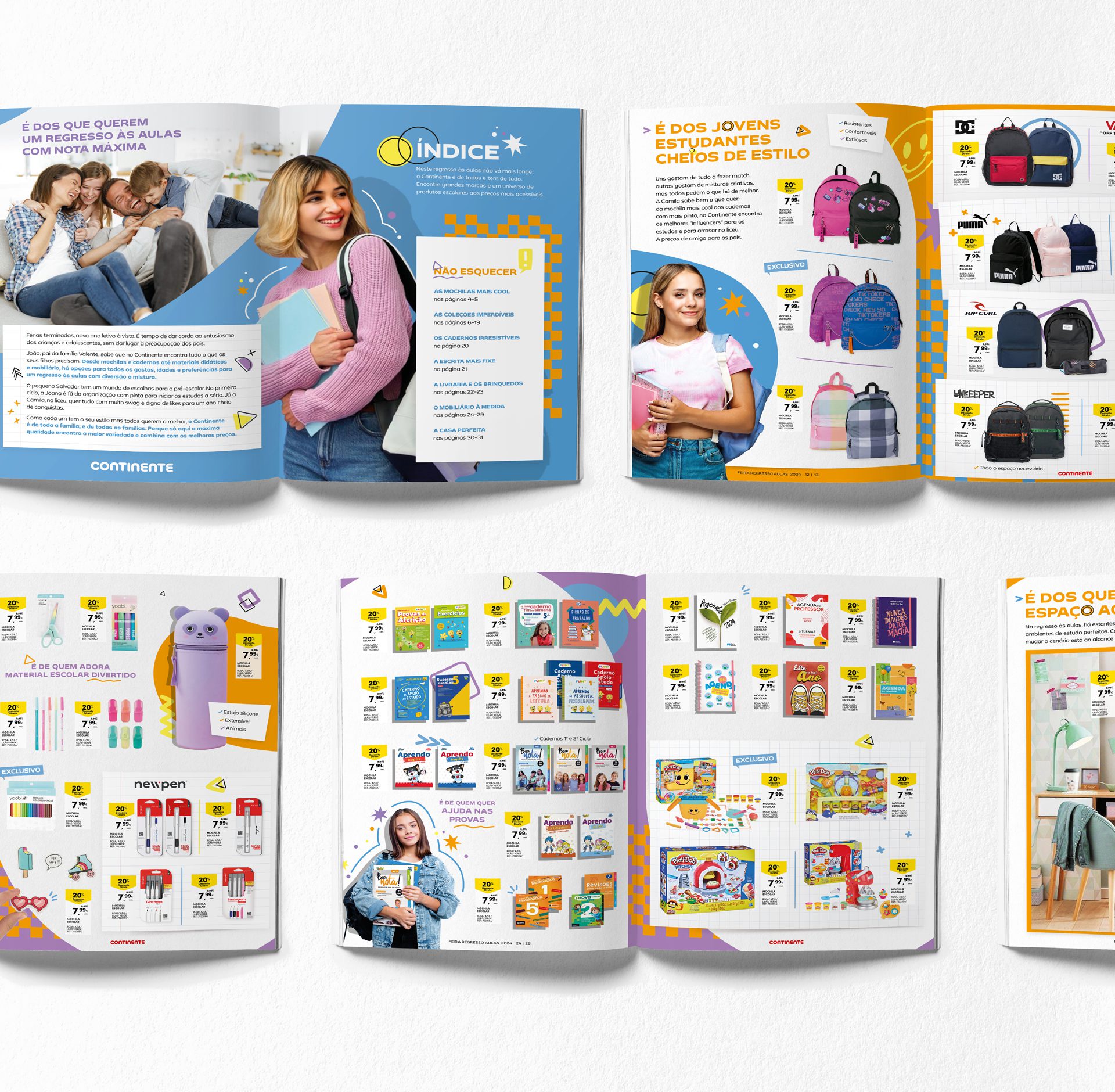 Inner brochure spreads with structured grid and product highlights, balancing color, image, and text.