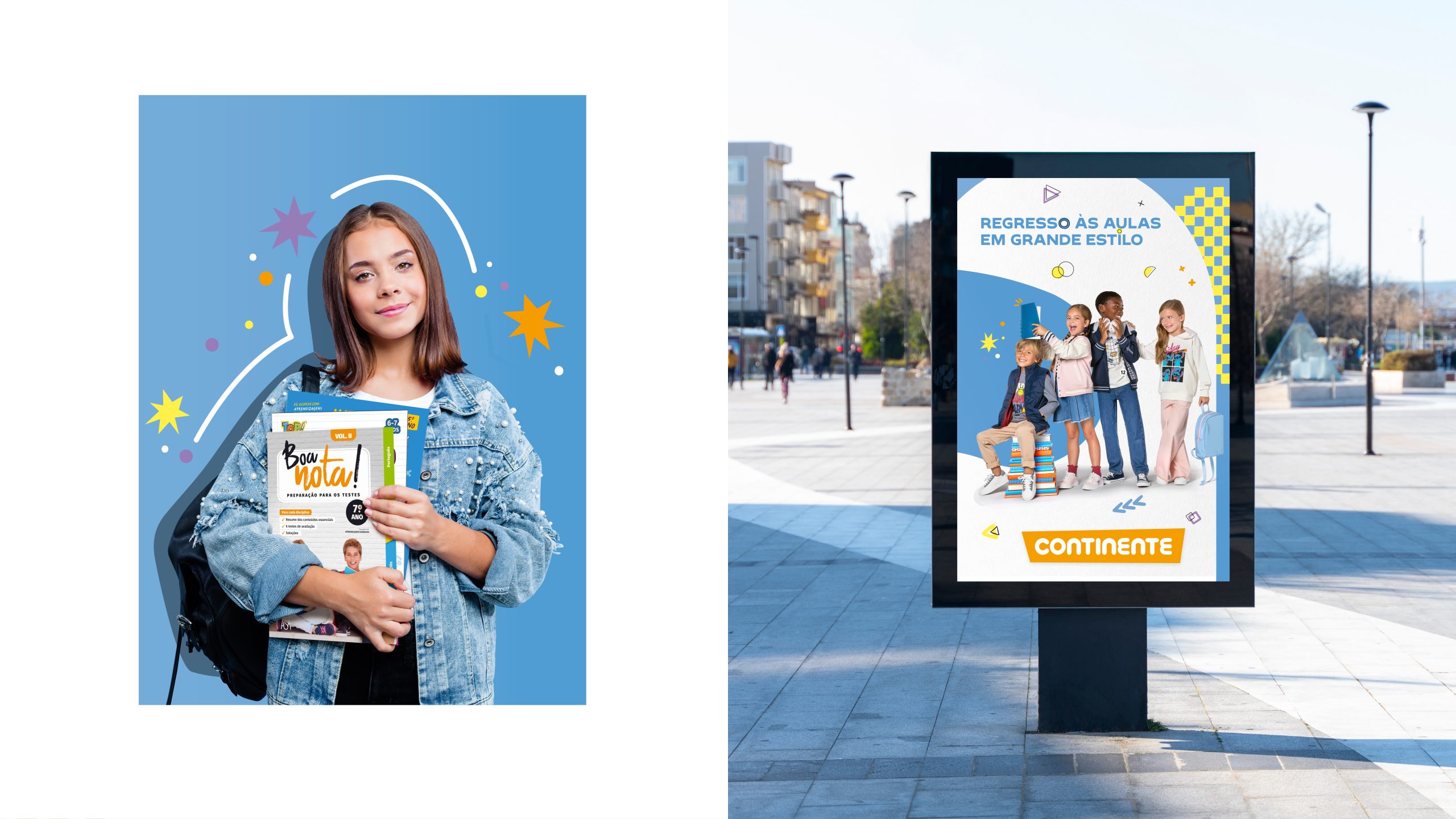 Campaign applications with student portrait and outdoor billboard in an urban setting.