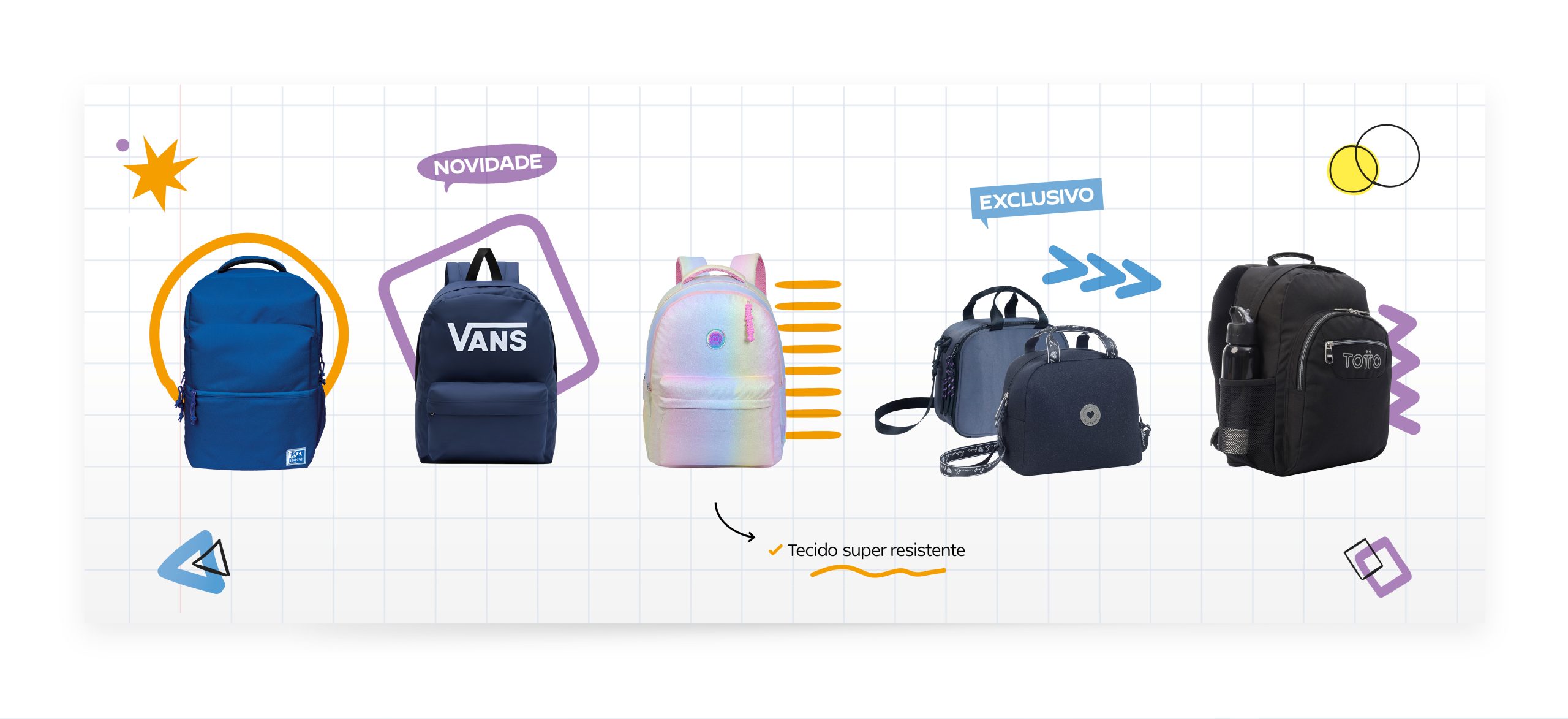Thematic page dedicated to backpacks and school accessories, with grid background and dynamic geometric elements.