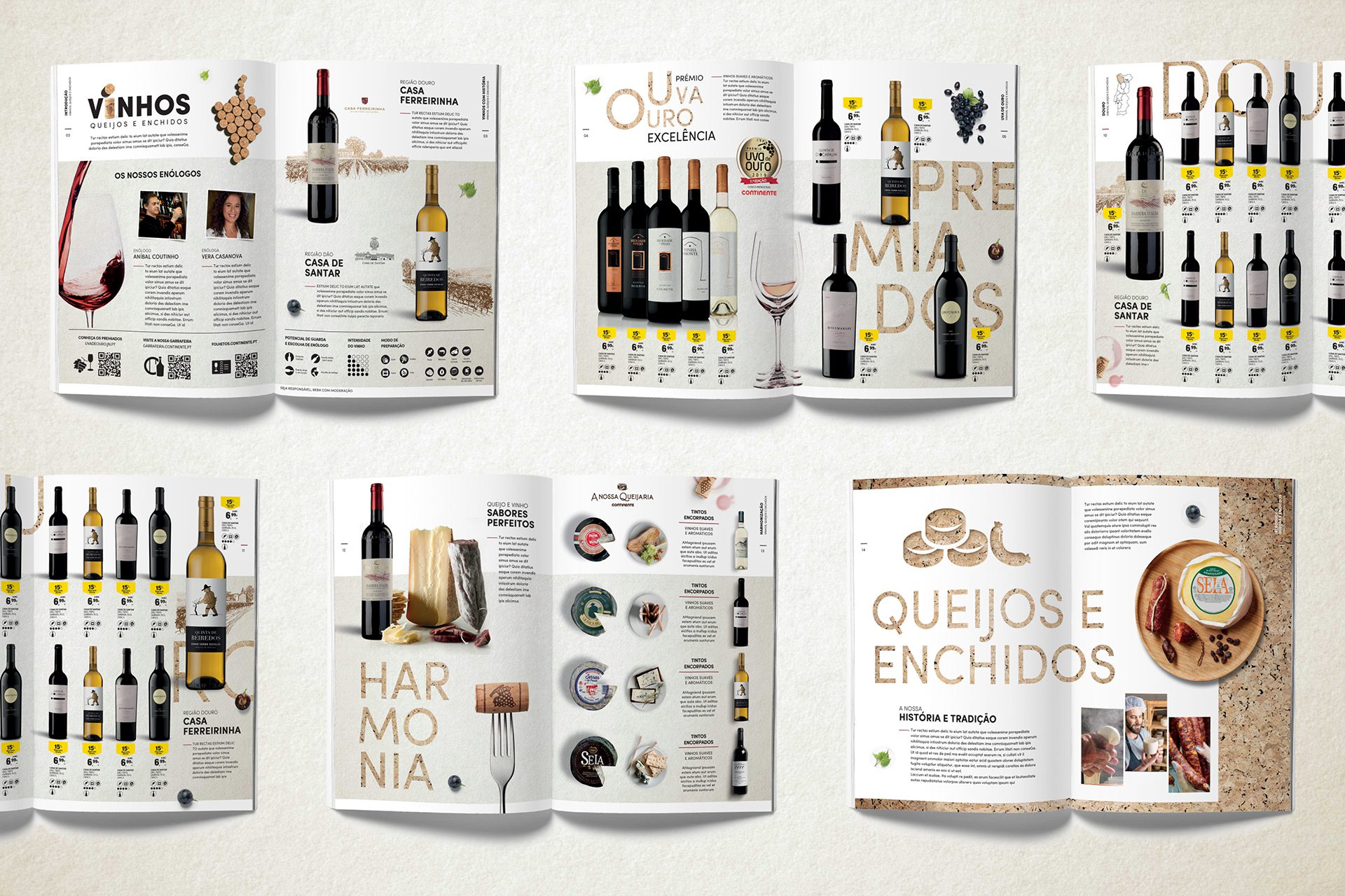 Páginas do folheto de produtos “Vinhos Queijos e Enchidos”, com design elegante e combinações fotográficas de vinhos, queijos e enchidos.