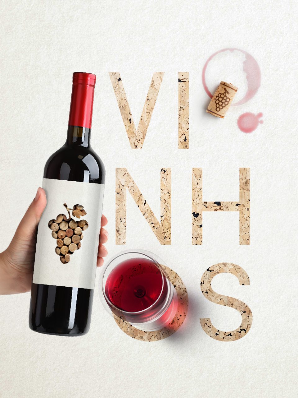 Photographic composition with a red wine bottle and glass on a light background, with cork-textured lettering spelling “Vinhos”.