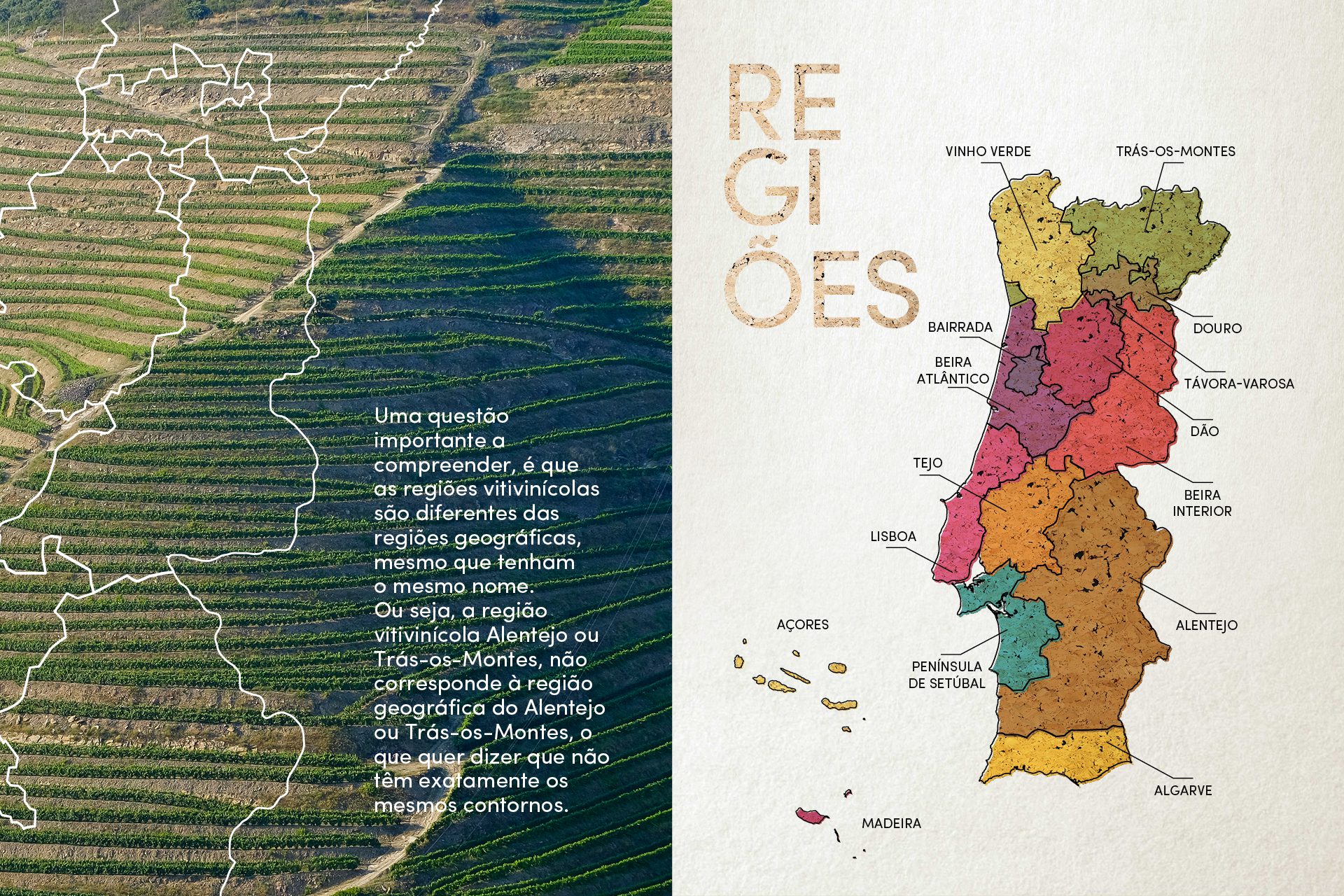 Map of Portugal’s wine regions, combining vineyard aerial photography and geographic infographic design.