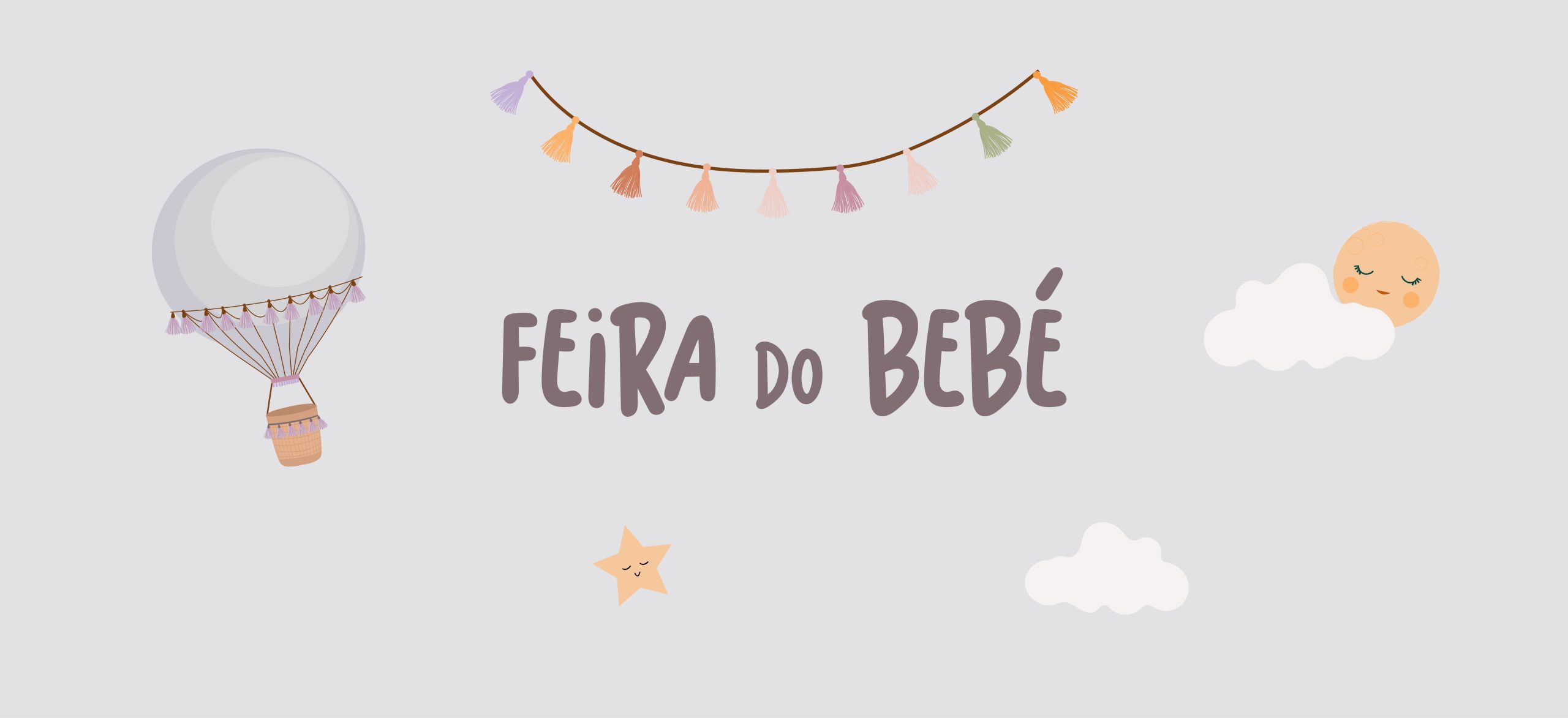 Painel com elementos gráficos da campanha “Feira do Bebé” com tipografia, balão, nuvem e bandeirolas coloridas sobre fundo suave.