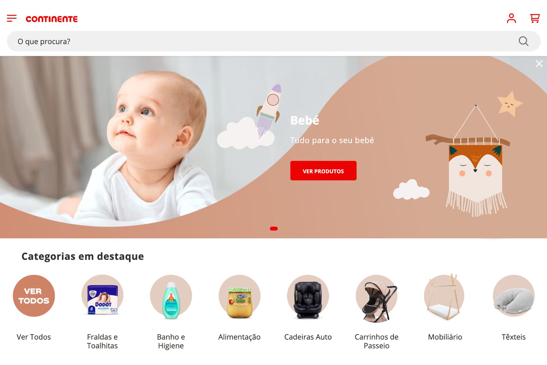 Banner web da “Feira do Bebé” com navegação por categorias e imagem hero de bebé em destaque.