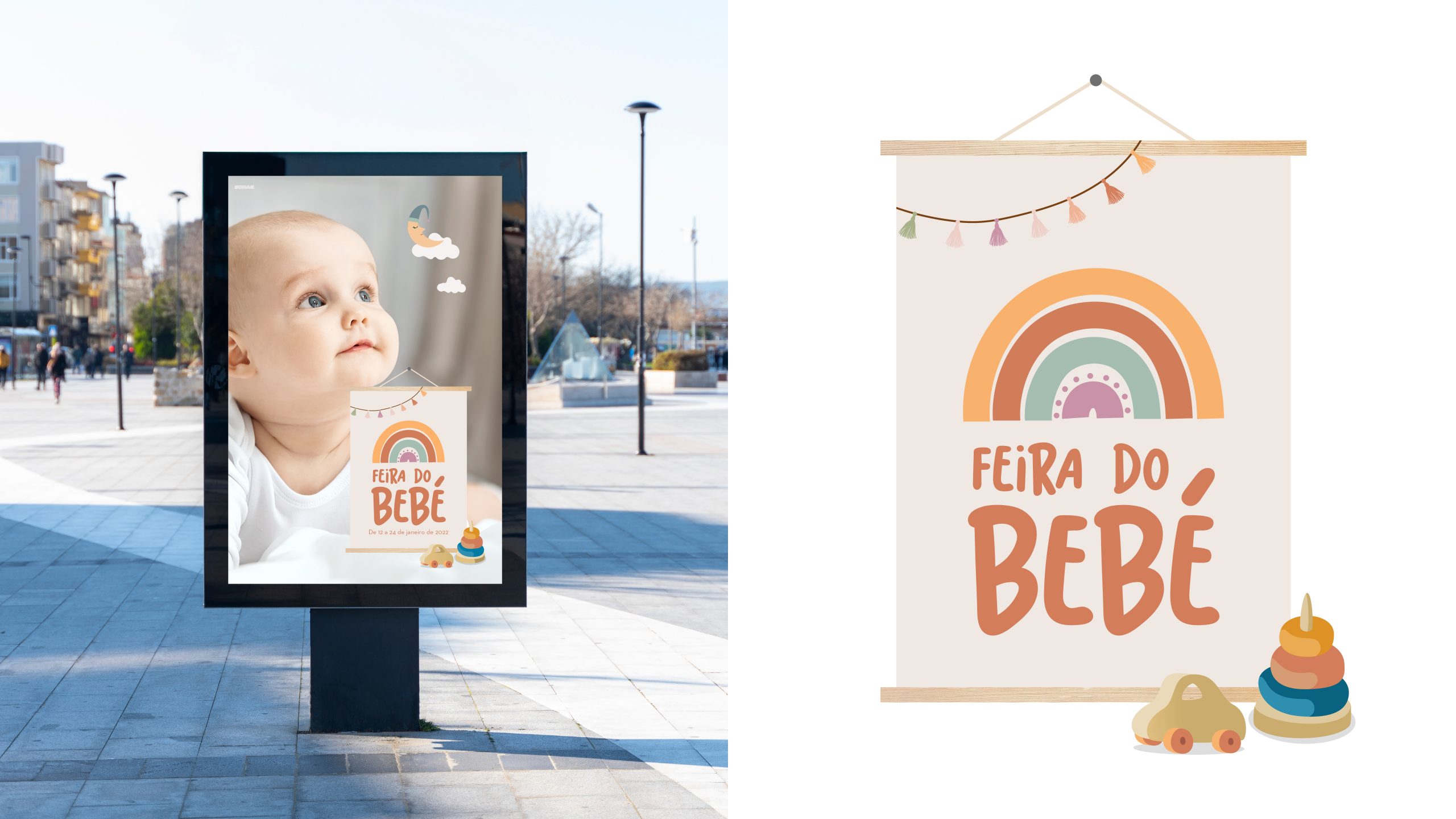 Application of the “Baby Fair” visual identity on outdoor signage and illustrated poster with a rainbow motif.