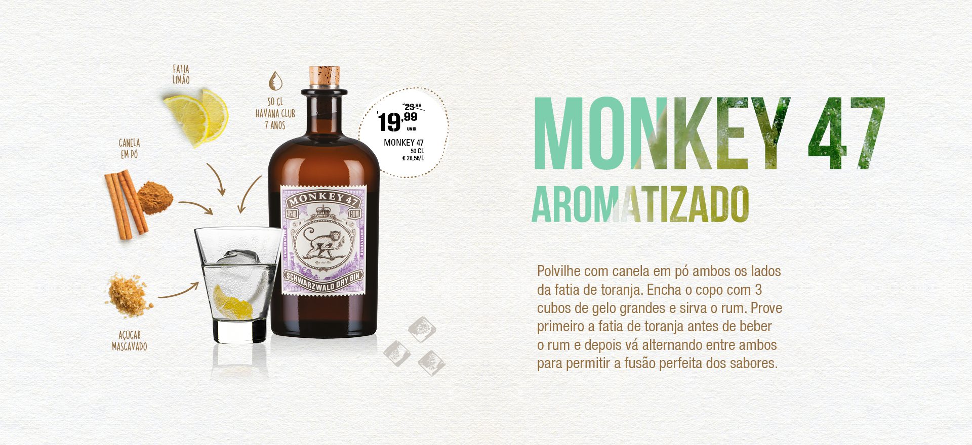 Product page dedicated to Monkey 47 gin, featuring the bottle, ingredients and visual notes highlighting aromatic flavors.