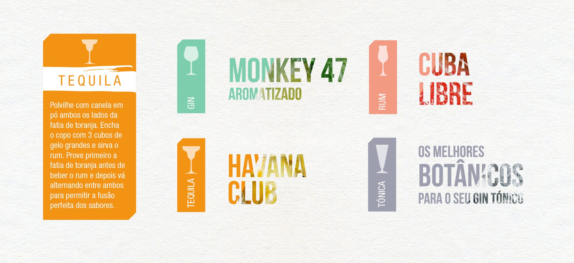 Graphic composition with colorful typographic titles and drink names, emphasizing the variety of cocktails and gins.