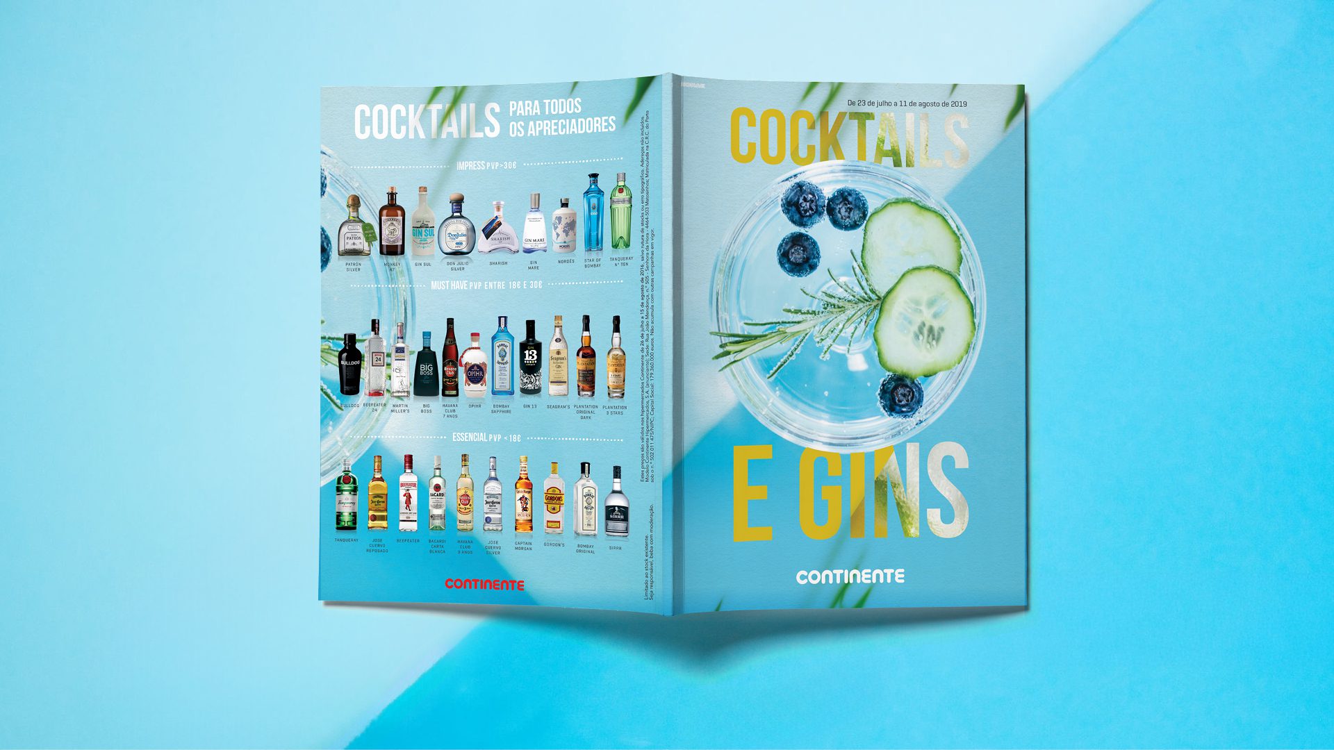 Capa e contracapa do guia “Cocktails e Gins” sobre fundo azul, com copo de gin decorado com pepino e mirtilos.