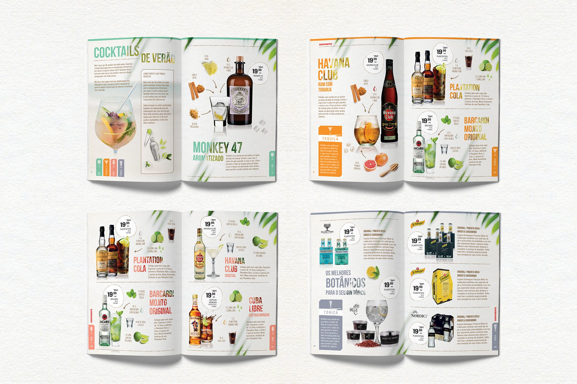 Inner pages of the cocktails and gins guide with bottle photography and recipes, presented in a light and colorful layout.