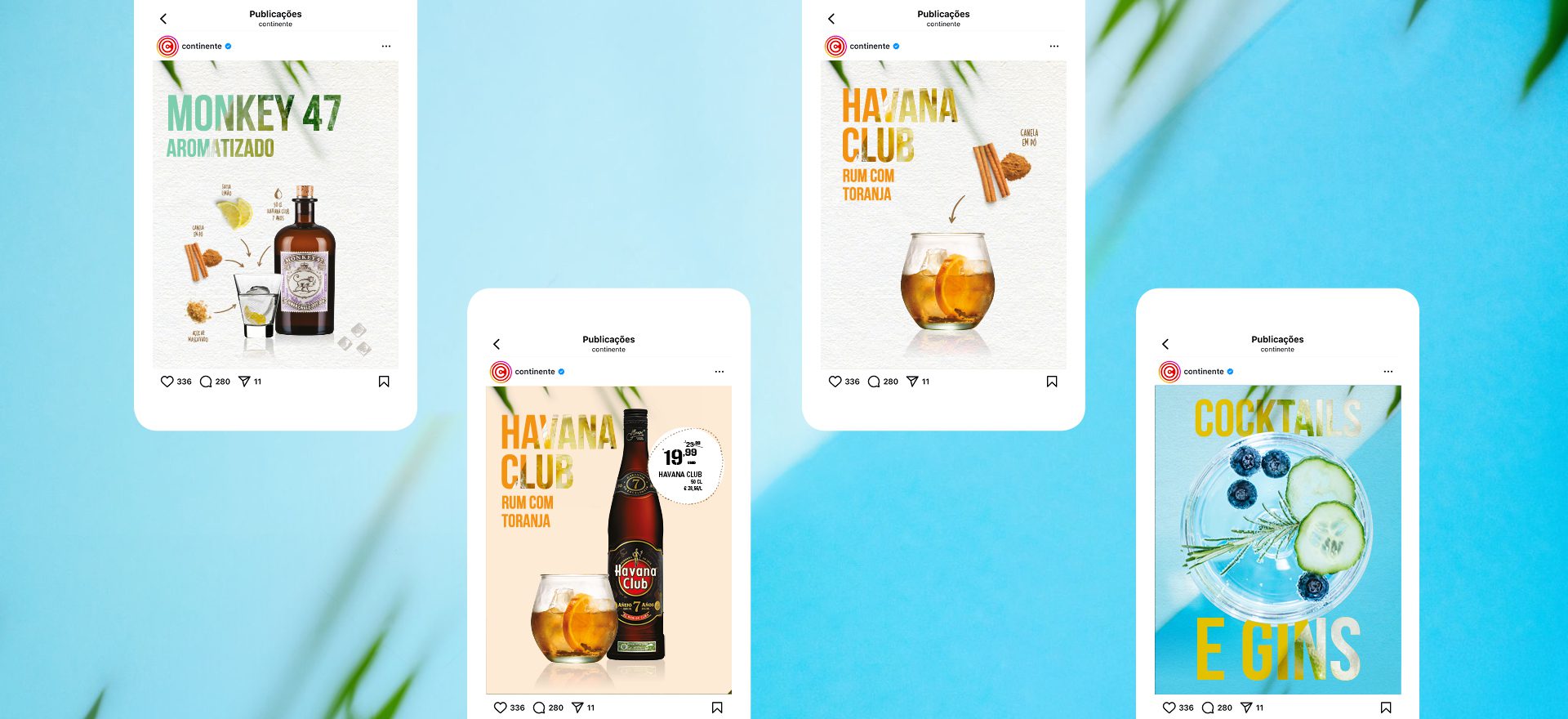 Digital layout featuring social media posts promoting cocktails and gins, highlighting different drinks and bottles.